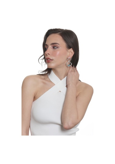 Labalaba Kadın Lak Gümüş Renk Doğaltaşlı Çivili Model Geometrik Formlu El Yapımı Küpe Gümüş - Açık Mavi