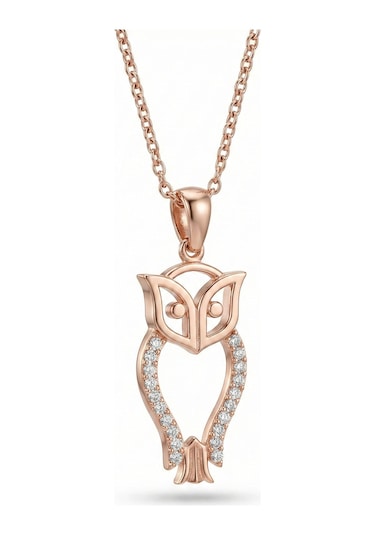 925 Ayar Zirkon Taşlı Rose Minimal Baykuş Gümüş Kolye Rzn10084