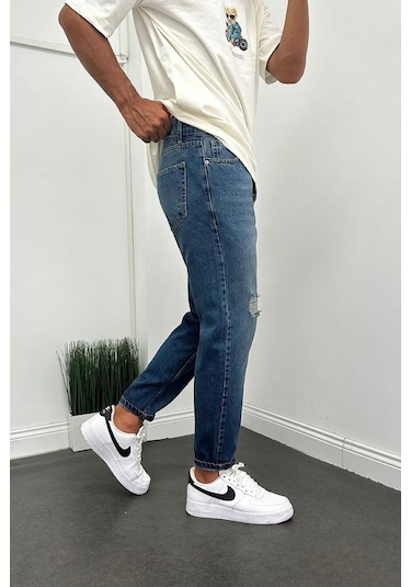Boyfriend Koyu Mavi Taşlamalı Yırtık Modelli Kot Erkek Pantolon Koyu Mavi