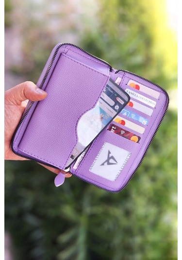 Telefon Bölmeli Lila Renk Kadın Cüzdanı Deri Portföy Kartlık Uzun Cüzdan Lila