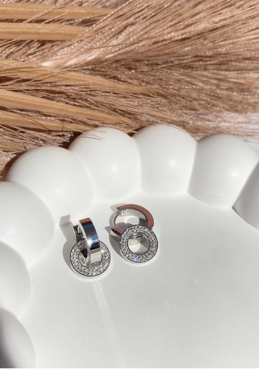 Gümüş / Silver Renk Zirkon Taşlı Diskli 316l Çelik Küpe Gümüş