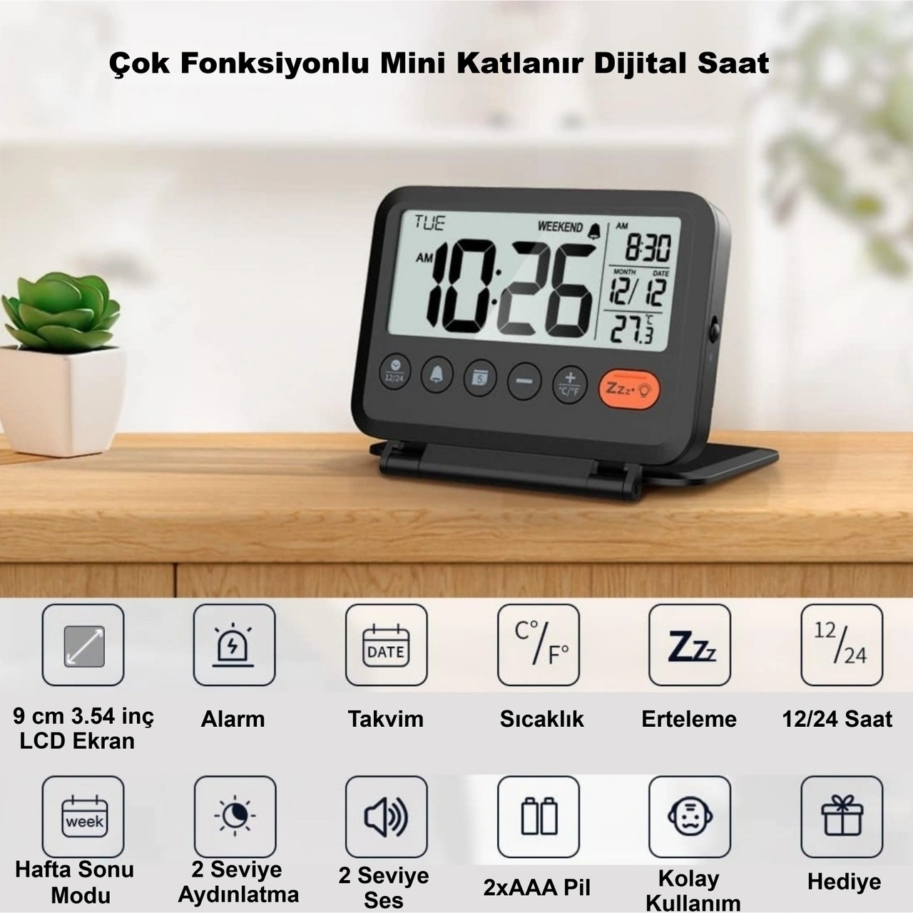 Hymark Lcd Katlanır 10x8cm Dijital Masa Saati Çalar Saat Takvim Sıcaklık Led Pilli Seyahat Ofis Ev Siyah