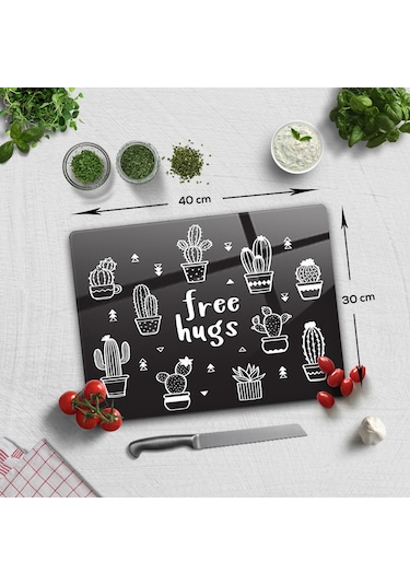 Decorita Cam Kesme Tahtası | Free Hugs-Siyah Fon | 30cm x 40cm