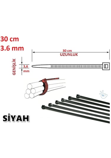 100 Adet 30cmx3,6mm Siyah Plastik Cırt Kelepçe Kablo Bağı