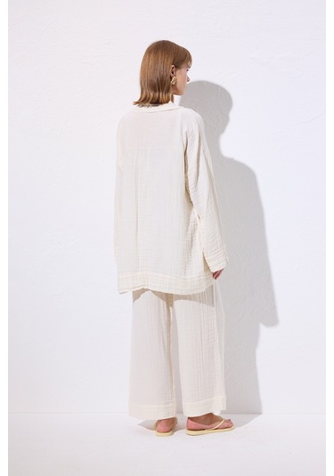Müslin Geniş Kollu Kimono Bej Bej
