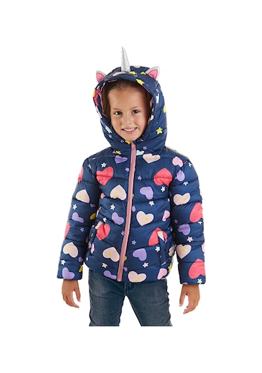 Denokids Unicorn Kız Çocuk Su İtici Kapüşonlu Şişme Mont Lacivert Çok Renkli