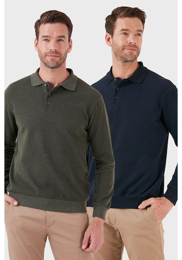 Buratti Pamuk Karışımlı Regular Fit 2'Li Paket Erkek Polo Yaka Kazak 456223S2 Haki-Lacivert