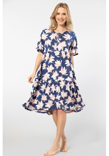 Türen Yaprak Desenli Kısa Kollu Elbise 3354/lacivert Çok Renkli