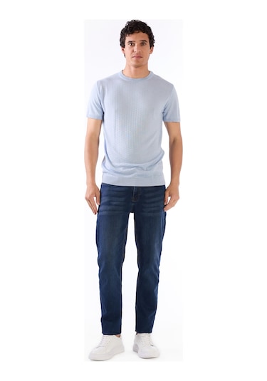 Dufy Buz Mavisi O Yaka Düz Renk Kısa Kollu Slim Fit Triko Tshirt Buz Mavisi