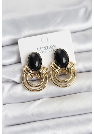 Pirinç Gold Renk Siyah Taşlı Vintage Kadın Küpe Renkli