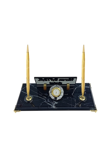 Sentez Siyah Mermer Desenli Vip Kristal Masa Üstü İsimlik