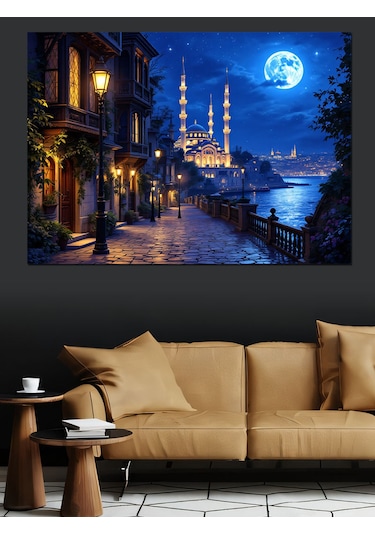 Gece İstanbul Camii Manzarası Dekoratif Kanvas - Mdf Ahşap Tablo