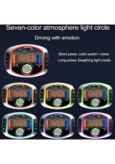 Bc63 Renkli Araba Kartı Mp3 Çalar Çok Fonksiyonlu Bluetooth Alıcısı U Disk Şarj Cihazı Araç Çakmağı