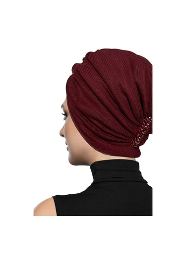 Dizayn Tüllü Kristal Taş İşlemeli Çift Taraflı Astarlı Bordo Hazır Türban Tesettür Abiye Bone Bordo