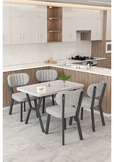 Gnr 70x110cm Sabit Beyaz Mutfak Masası Takımı, Yemek Masası, 4 Modern Gri Sandalye Gri