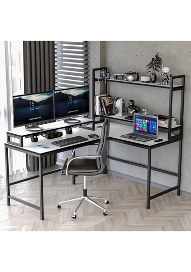 Raflı L Şekilli Ofis Masası - 610 Beyaz