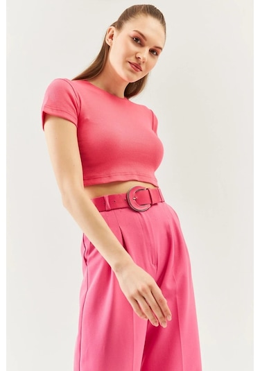 Kadın Kısa Kol Bisiklet Yaka Vücuda Oturan %100 Pamuklu Kaşkorse Esnek Crop Bluz Pembe