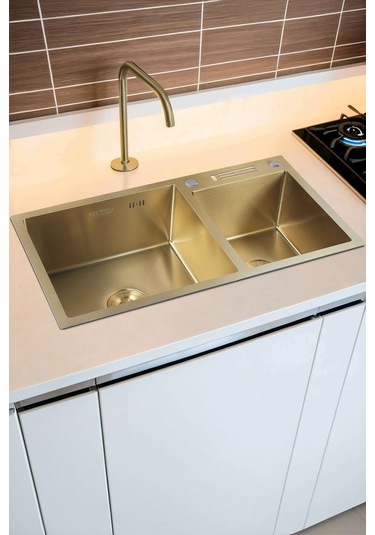 Sun Serisi %100 Krom 82x45 İki Göz Bıçak Yuvalı Paslanmaz Mutfak Eviyesi, Mutfak Lavabosu Gold