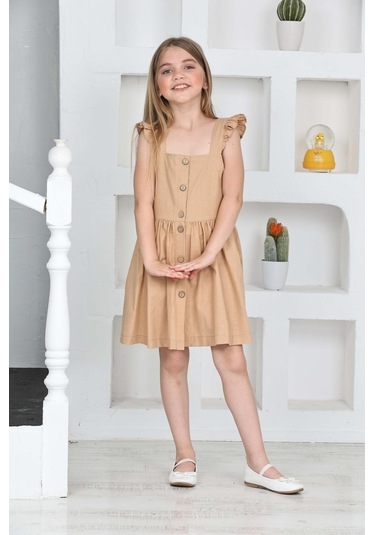 Kız Çocuk %100 Pamuk Keten Elbise 12197 Açık Kahve Açık Kahverengi
