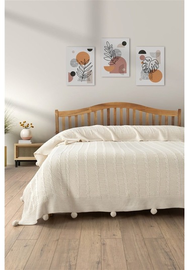 Çift Kişilik Triko Örme Battaniye Krem