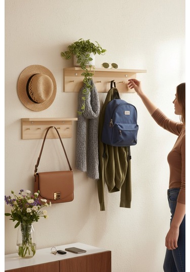 Ahşap Askılık Raflı 70x14 Ve 50x14 Mutfak, Antre, Banyo, Ofis, Mağaza, Çocuk Ve Yatak Odası Meşe