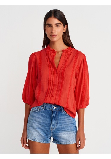 Dilvin 5807 Nervür Detaylı Balon Kol Gömlek-Açık Kırmızı