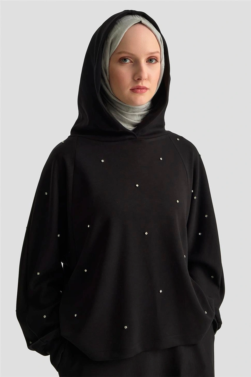 Armine Taşlı Kapüşonlu Sweat 25kd4031 Siyah Siyah