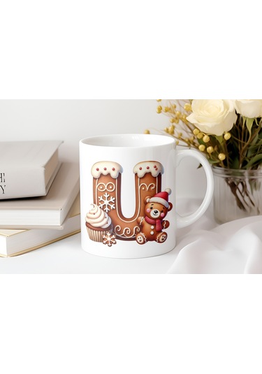 U Kurabiye Harf Ve Ayıcık Detaylı Kupa Bardak - Yeni Yıl / Yılbaşı Temalı Tasarım - Noel Hediye Beyaz