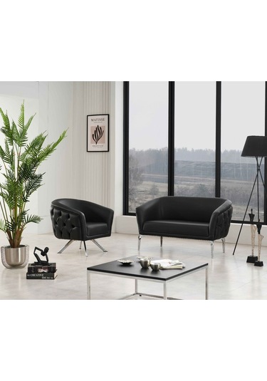 Asel Siyah Deri Kapitoneli Metal Krom Gümüş Silver Çapraz Ayaklı Ofis Koltuk Takımı Siyah