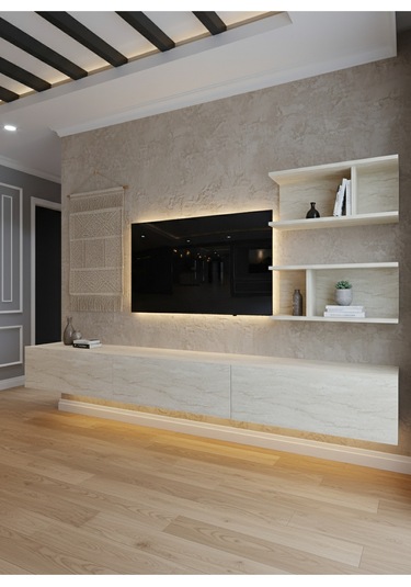 Resital Ledli Duvara Monte Tv Sehpası - Traverten - W6012-8 Traverten