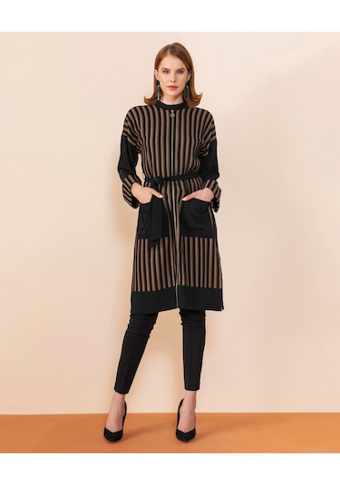 Serpil Exclusive Çizgili Modern Tunik Şık Ve Zarif Tasarım Siyah-haki