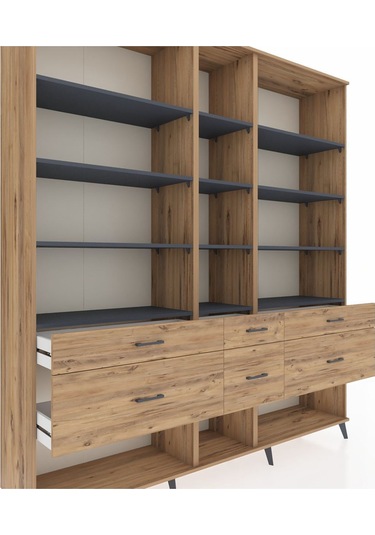 Hyperion Dolap 12 Raflı 6 Çekmeceli 220x44x243 Çam-antrasit/çam Antrasıt/atlas Çam