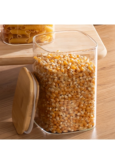 Porsima 4395 4lü Kare 1100 Ml Bambu Vakumlu Kapaklı Cam Kavanoz Seti Saklama Kabı 10x15cm Şeffaf
