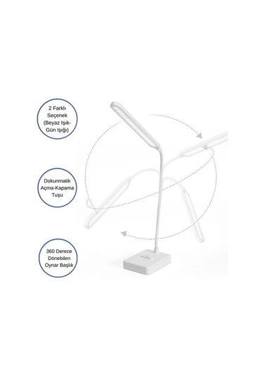 River World İnce Uzun Dokunmatik USB Şarjlı 360 Derece Dönebilir Beyaz