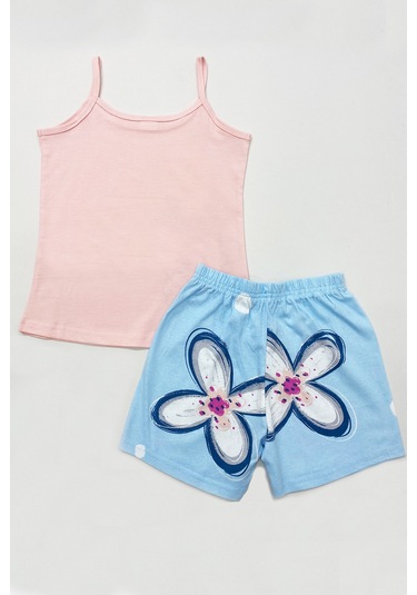 Kız Çocuk Şortlu Pijama Takımı Askılı Ayıcık Baskılı A13 Pembe
