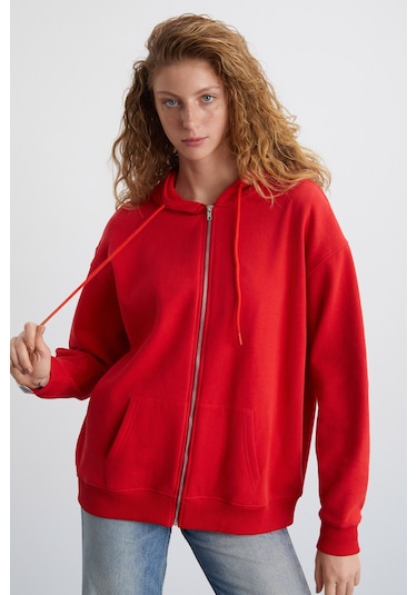 Alena Kadın Oversize Organik Pamuklu Metal Fermuarlı Kapüşonlu İçi Polarlı Kırmızı Sweatshirt