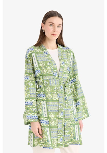 Defacto Relax Fit Bisiklet Yaka Desenli Viskon Kimono E7262ax25smgn706 Yeşil