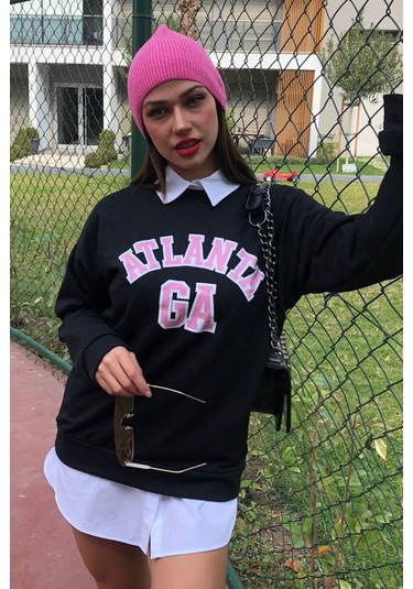 Modagen Kadın Bisiklet Yaka Pembe Atlanta Baskılı Siyah Oversize Sweatshirt Siyah