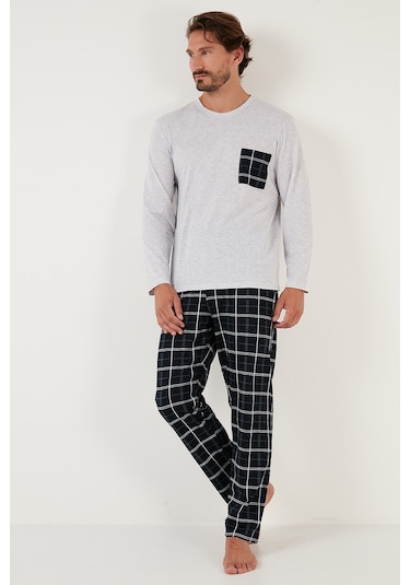Buratti Ekoseli Cepli Beli Lastikli % 100 Pamuk Regular Fit Erkek Pijama Takımı 6572001 Gri Melanj