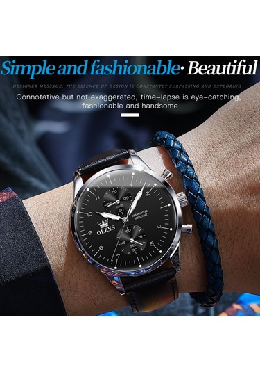 Olevs 2880 Erkekler Çok Fonksiyonlu İş Su Geçirmez Deri Kayış Kuvars Saat Siyah + Gümüş