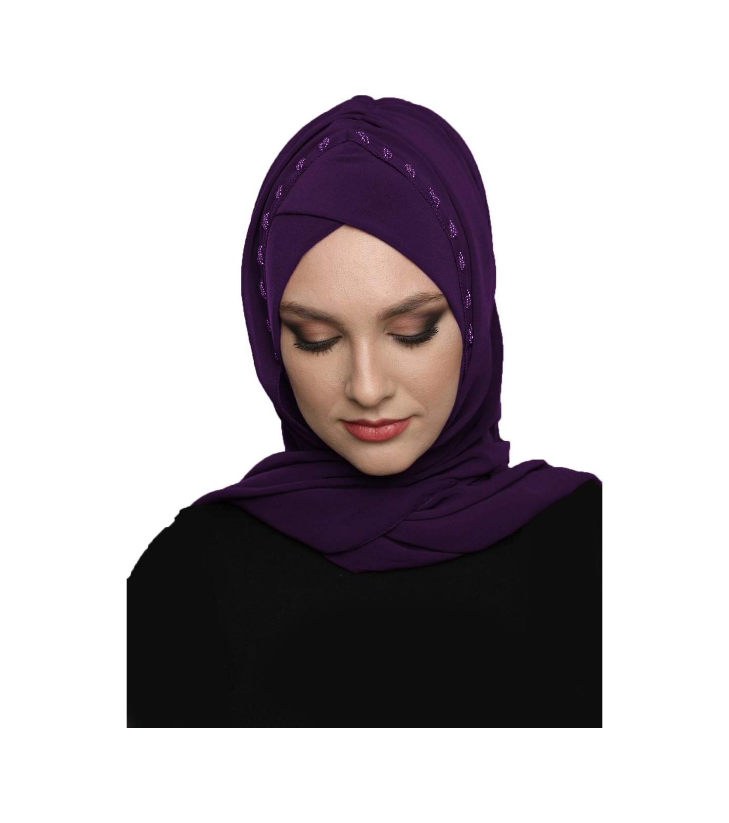 Şallı Takmatik Taşlı Mor Renk Hazır Türban Tesettür Bone Namaz Örtüsü Mor