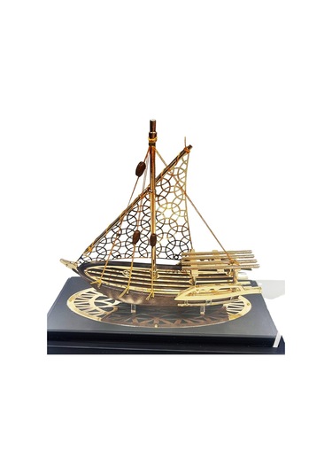 Pirinç Yelkenli Gemi Altın Kaplama Katar Dhow Teknesi Deri Kutulu 23cm No.2