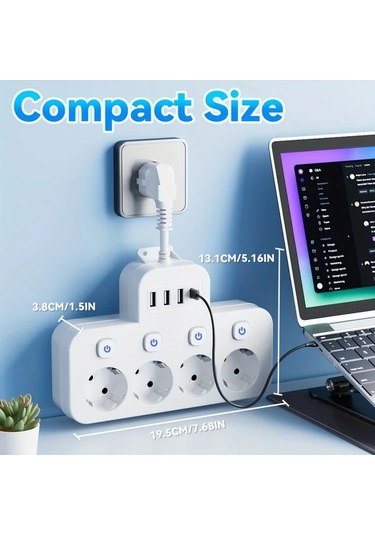 Xuweiwei Siyah Kısa Kablo 1.5m 3m Seçenekleri Avrupa Güç Prizi 4 Ac Çıkış 3 Usb 1 Type-c Portu Aşırı Yük Koruması Duvar Montajı Seyahat Ev Kullanımı