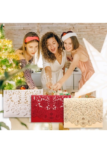 Yaozixa 10 Adet Kırmızı Çiçek Desenli Boş İç Sayfa, Zarf Ve Kılıfı İle Nikah, Doğum Günü Davetiyeleri - 250g Özel Kağıt XL