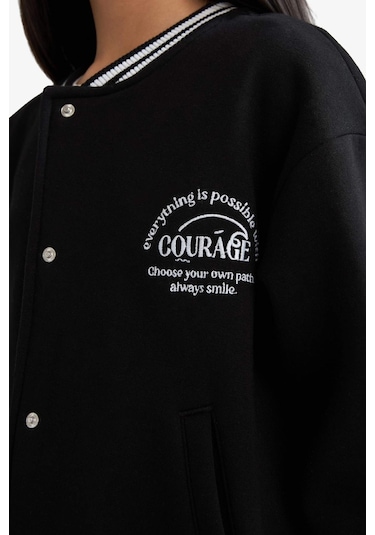 Defacto Kız Çocuk Okula Dönüş Slogan Baskılı Bisiklet Yaka Kalın Sweatshirt Kumaşı Hırka F2194a825aubk81 Siyah