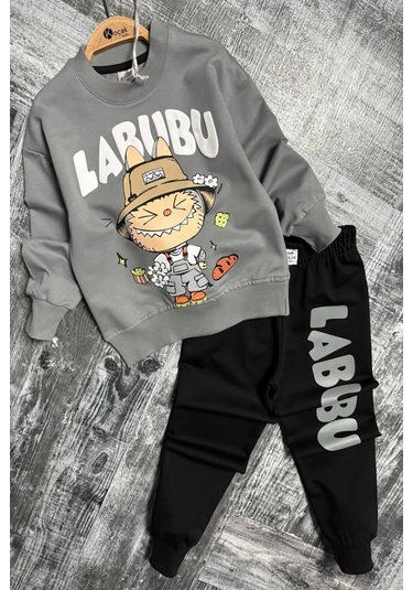 Labubu Desenli Erkek Çocuk Gri Renk Eşofman Takım Gri
