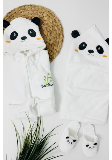 Panda Desenli Bebek Bornoz Seti Beyaz - Siyah