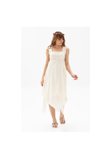 Kolsuz Şile Bezi Üçgen Katlı Midi Boy Elbise Krem Krm Krem