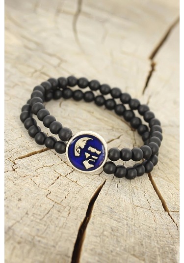 Atatürk Portre Figürlü Lacivert Metal Aksesuarlı Siyah Oniks Doğal Taş Erkek Bileklik Çok Renkli