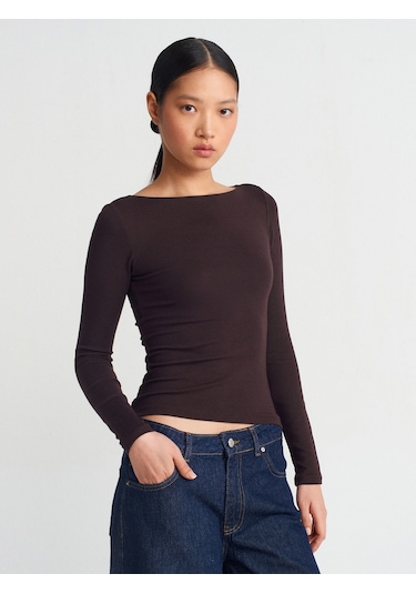 Dilvin 31332 Kayık Yaka Uzun Kollu Top Koyu Kahve